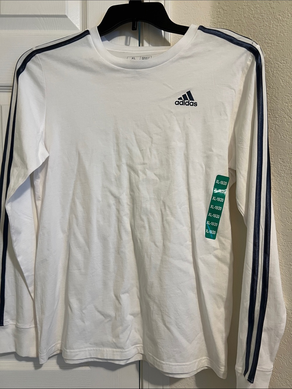 adidas White Long-Sleeve Crew Shirt with Navy Sleeve Stripes